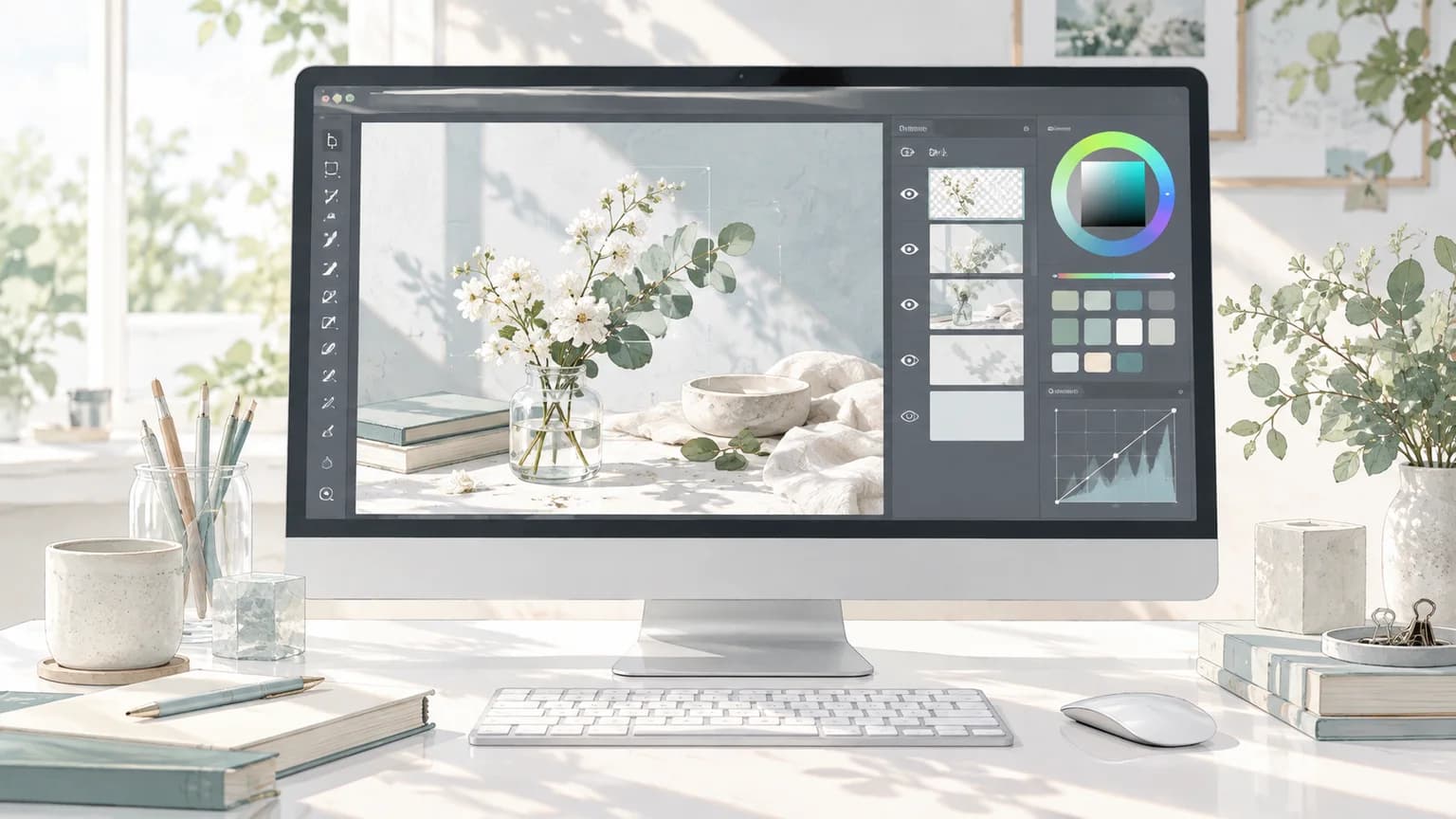明るい机のモニターで、写真のレイヤーと色を編集する制作風景